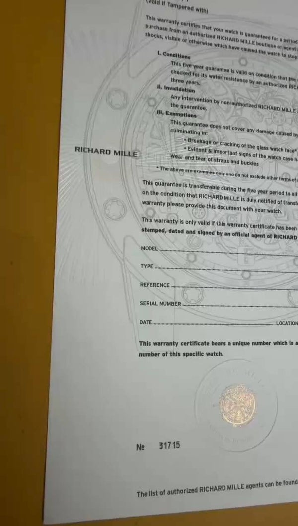 1 x Blank Richard Mille Certificate
