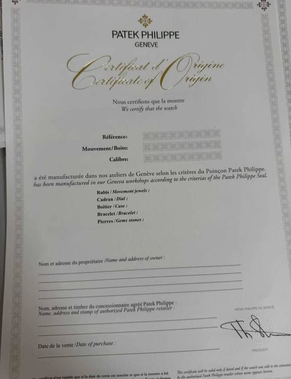 1 x Blank Patek Philippe Certificate