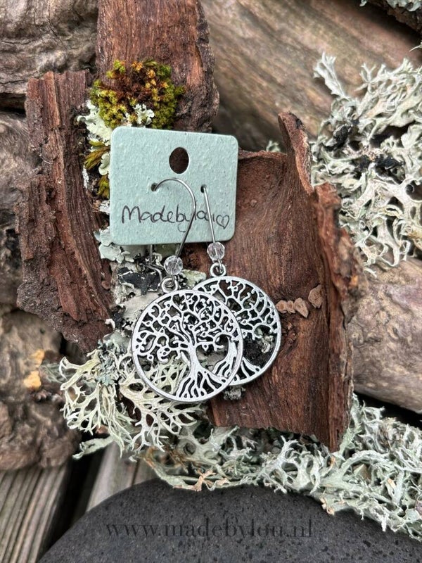 Oorbellen ‘Levensboom’ met bergkristal