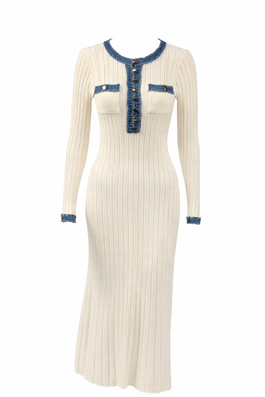 Geribde lange crème jurk met denim details – nieuw – maat M/L - Ribbed long cream dress with denim details – new – size M/L