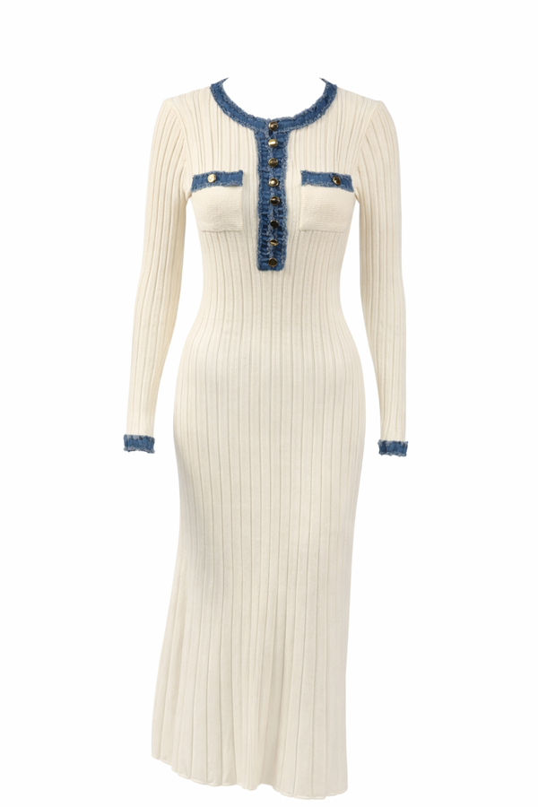 Geribde lange crème jurk met denim details – nieuw – maat M/L - Ribbed long cream dress with denim details – new – size M/L