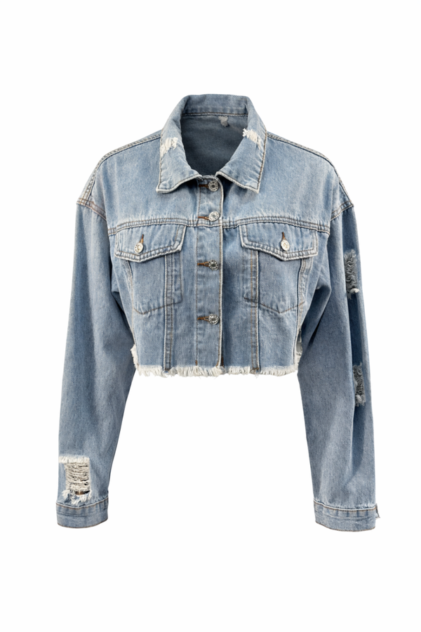 Cropped denim jacket met scheuren  – Heel goed – M/L Cropped denim jacket with rips – Very good – M/L