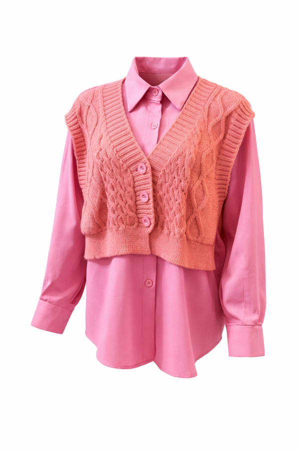 Dames blouse met vastzittende spencer roze – nieuw – one size Women’s blouse with attached knitted vest pink – new – one size