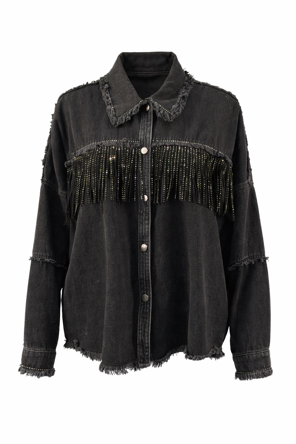 Zara denim blouse zwart met franjes en studs heel goede staat – M Zara denim blouse with fringes and studs – M good condition