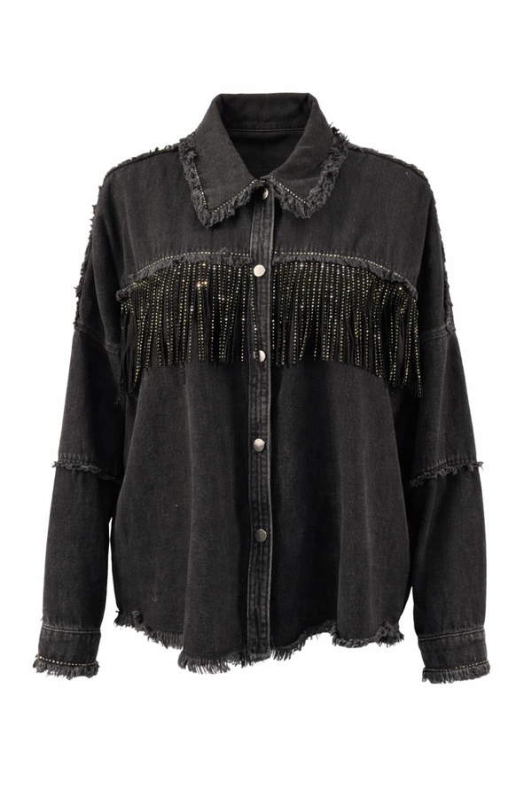 Zara denim blouse zwart met franjes en studs heel goede staat – M Zara denim blouse with fringes and studs – M good condition