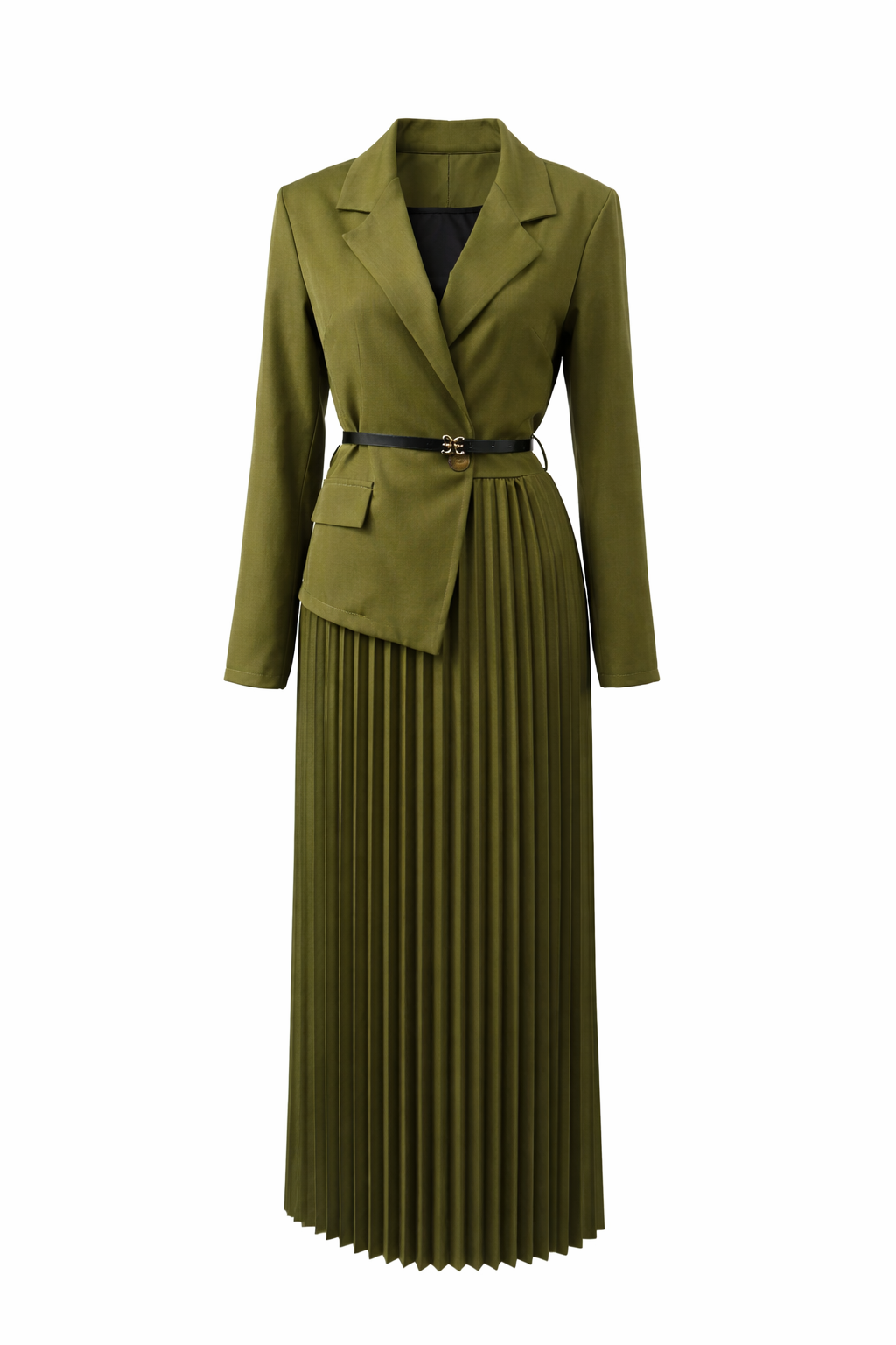 Elegant Pleated Dress – Olive Green (One Size)