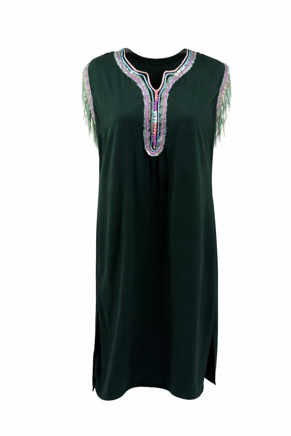 Abaya met borduursel en franjes kaki groen maat L  – Nieuw - Abaya with embroidery and fringes khaki green size L  – New