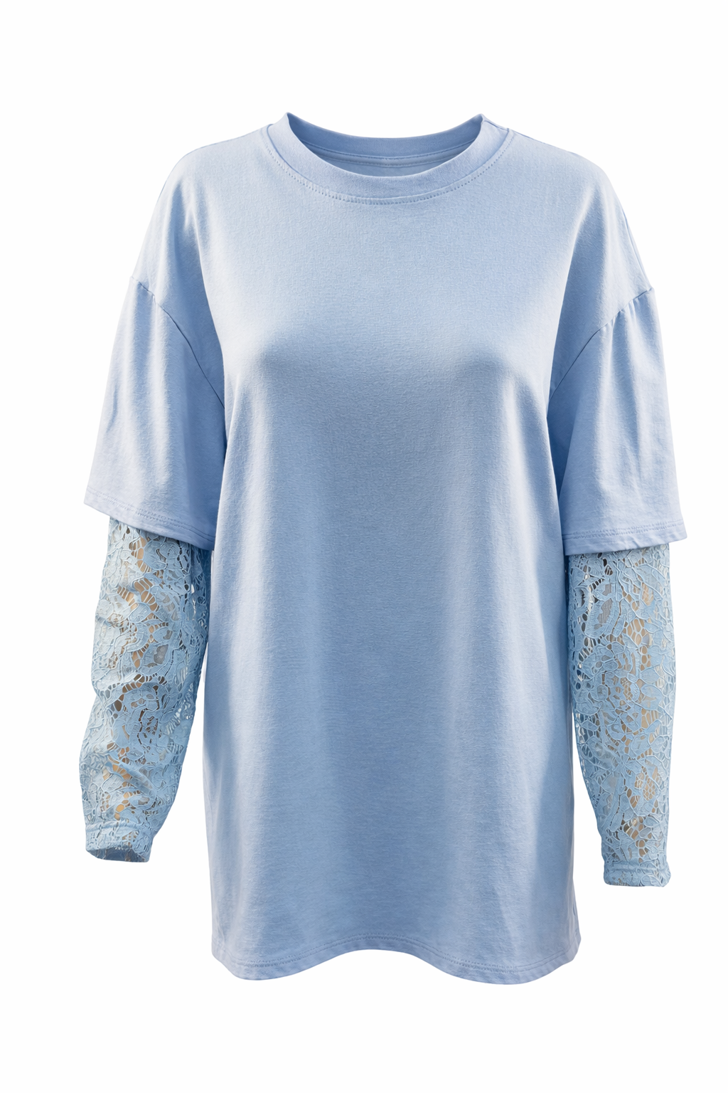 Dames T-shirt blauw met kanten mouwen one size nieuw | Women’s blue T-shirt with lace sleeves one size new