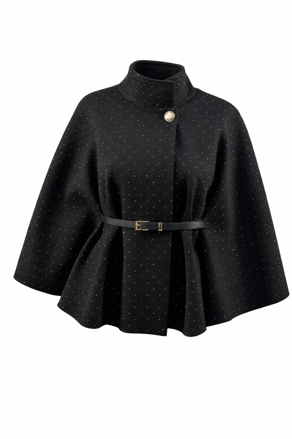 Poncho zwart met strass en riem – Nieuw (1 maat) Poncho black with rhinestones and belt – New (one size)