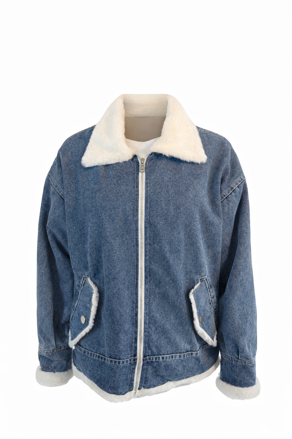 Denim gevoerde jacket met wolkraag – Nieuw -  Denim lined jacket with wool collar – New