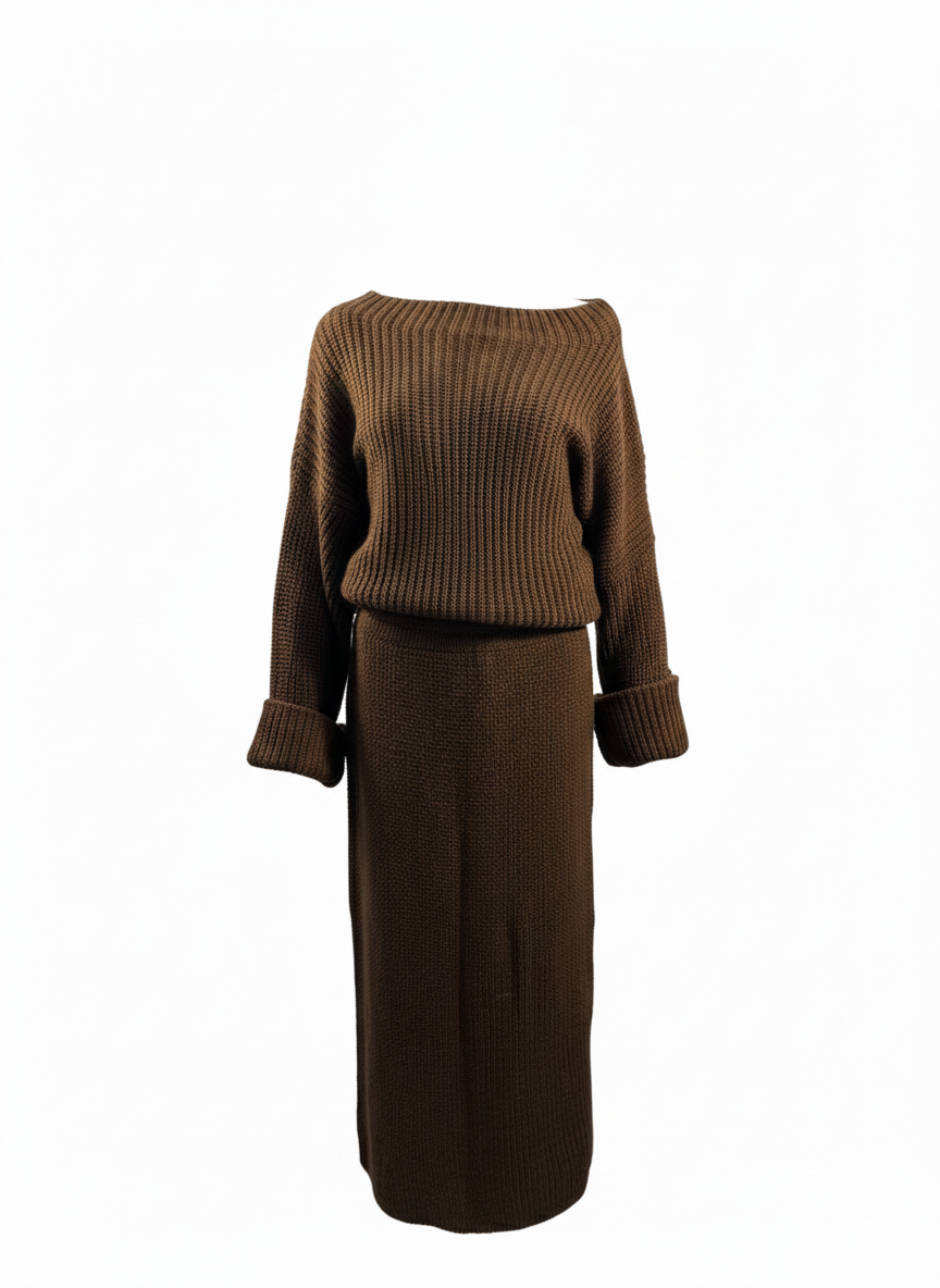 Gebreide set (trui + rok) – Bruin – Nieuw Knitted set (sweater + skirt) – Brown – New