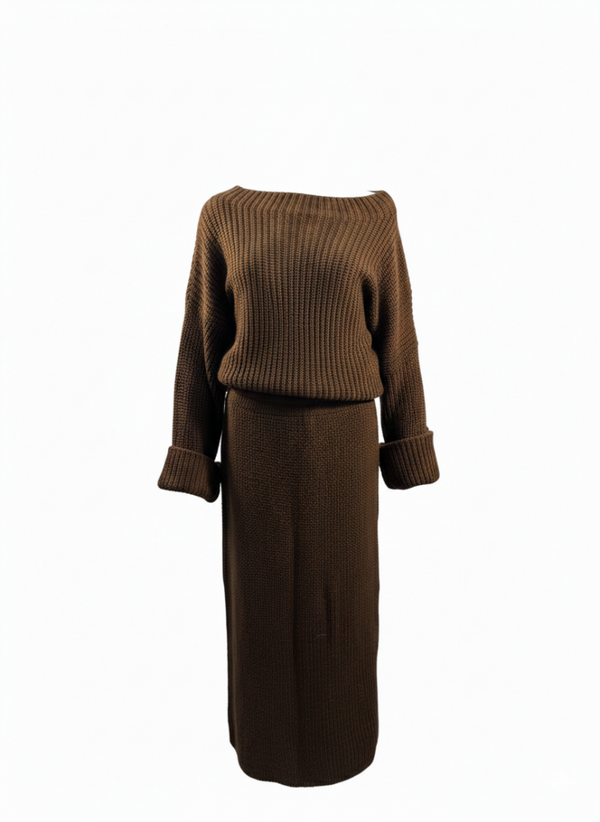 Gebreide set (trui + rok) – Bruin – Nieuw Knitted set (sweater + skirt) – Brown – New