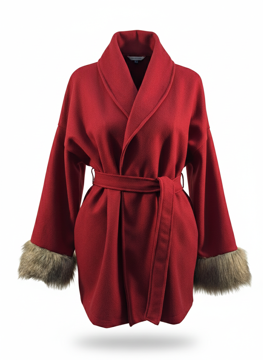 Rode mantel/kimono met ceintuur en faux fur manchetten nieuw – One size Red wrap coat/kimono with belt and faux fur cuffs – One size new