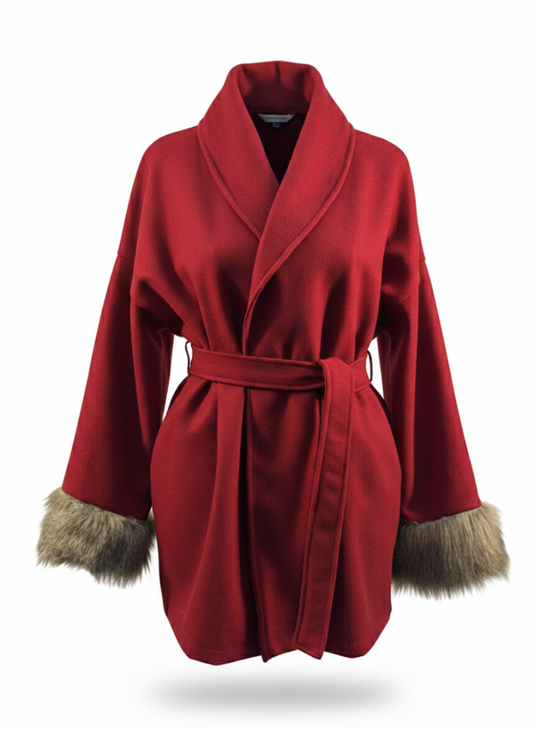 Rode mantel/kimono met ceintuur en faux fur manchetten nieuw – One size Red wrap coat/kimono with belt and faux fur cuffs – One size new