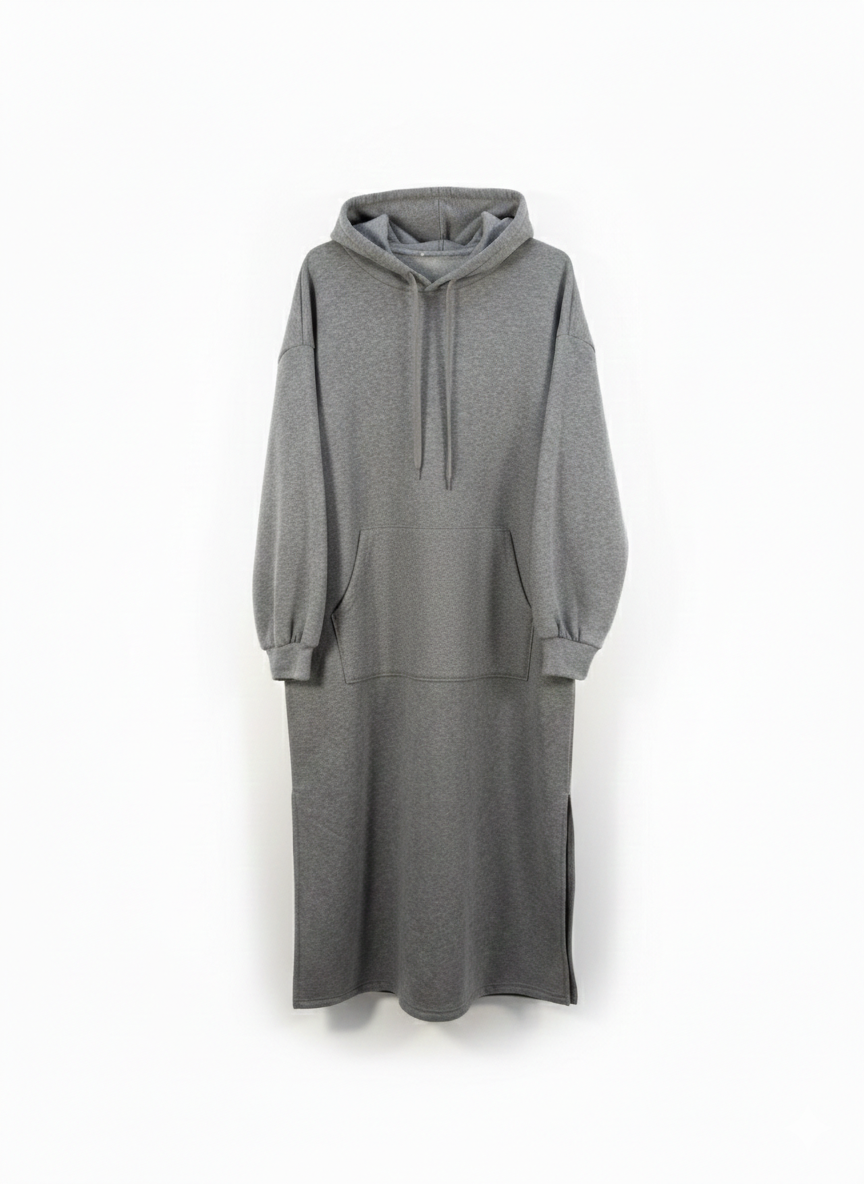 Lange hoodie jurk grijs met capuchon maat S – comfortabel & trendy Long hoodie dress grey with hood size S – comfortable & trendy