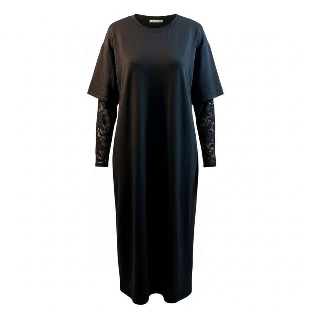Dames lange zwarte jurk met kanten mouwen 1 maat S-XL / Women’s long black dress with lace sleeves one size S-XL