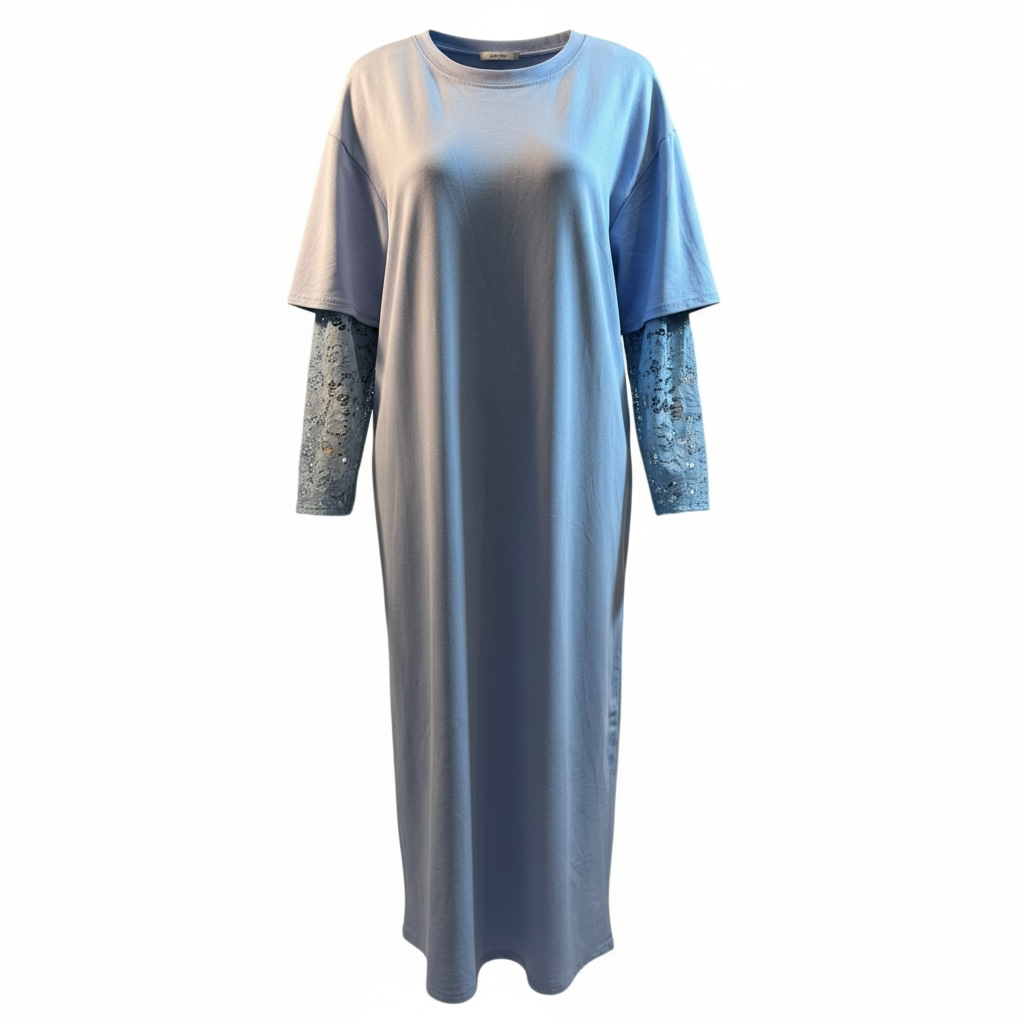 Dames lange blauwe jurk met kanten mouwen 1 maat S-XL / Women’s long blue dress with lace sleeves one size S-XL