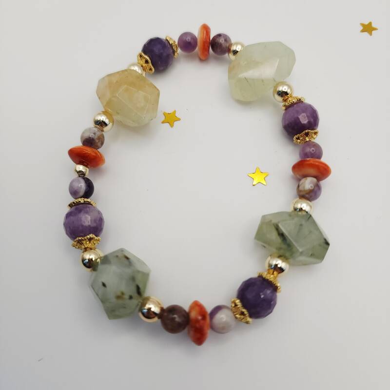 Prehnite, Flower Amethyst, Peridot, & Spiney Oyster Shell Bracelet, 18k Gold Filled