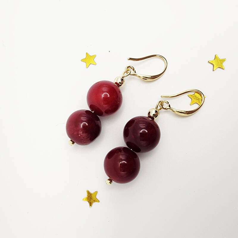 Red Jade Pair of Dangle Earrings, 18k Gold Filled