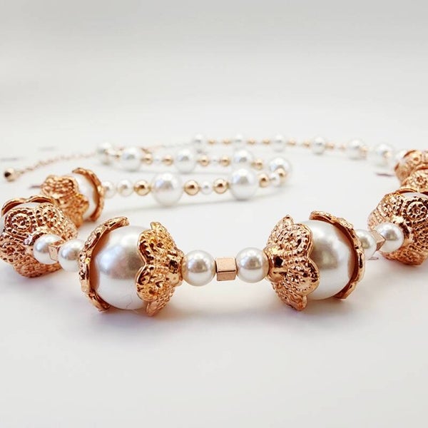 Mother of Pearl Jewelry Set, 18K Rose Gold, Simulated Pearls, Handmade USA