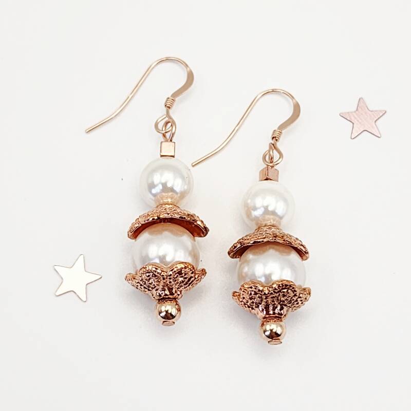 Mother of Pearl, Swarovski Pearl Pair of Dangle Earrings, 18K Rose Gold Filled