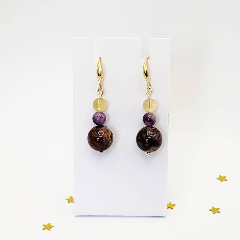 Pietersite, Flower Amethyst, and Fluorite Pair of Dangle Earrings, 18K Gold filled