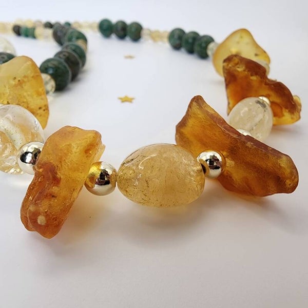 Raw Amber, Natural Citrine, African Jade & AAA Yellow Fluorite Necklace Set with 18k Gold Components With Matching Bracelet and Earrings.