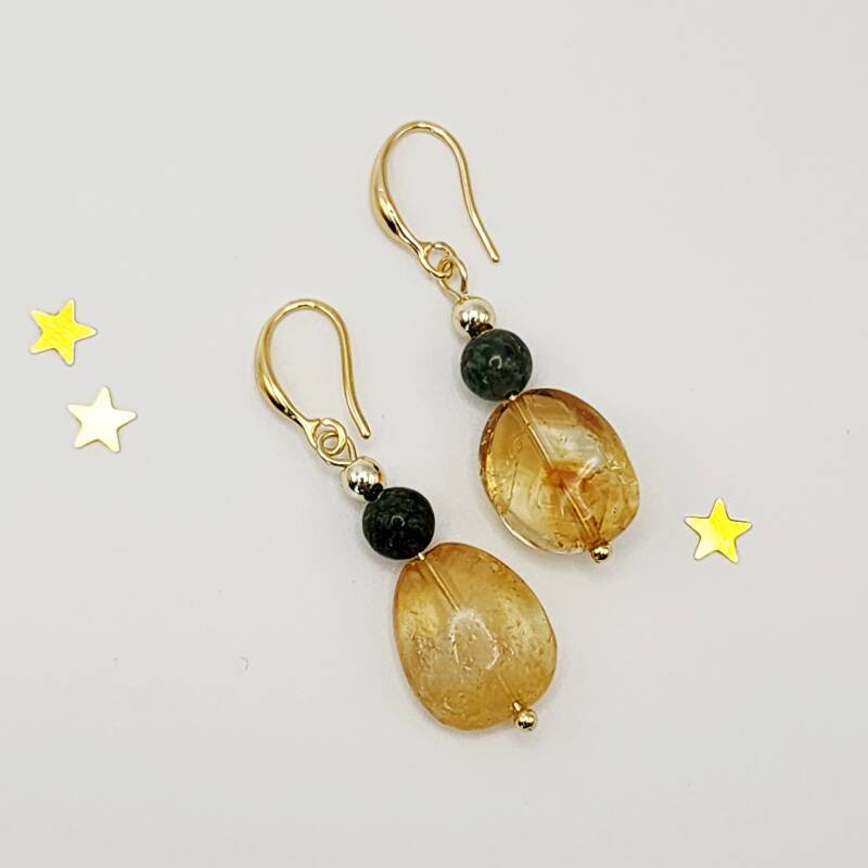Citrine and African Jade Pair of Dangle Earrings, 18k Gold Filled