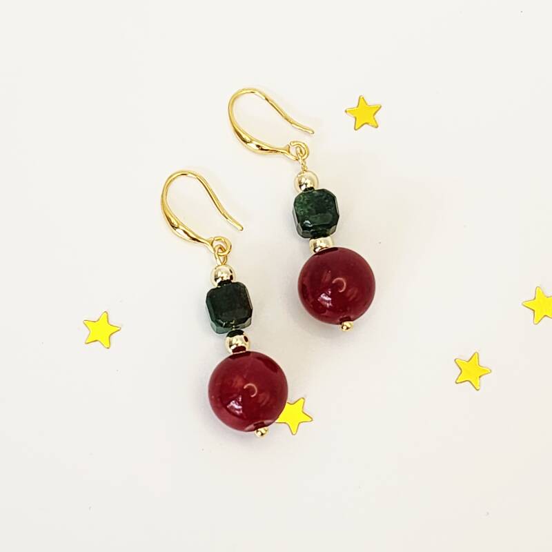 Red Jade and Emerald Pair of Dangle Earrings, 18k gold filled