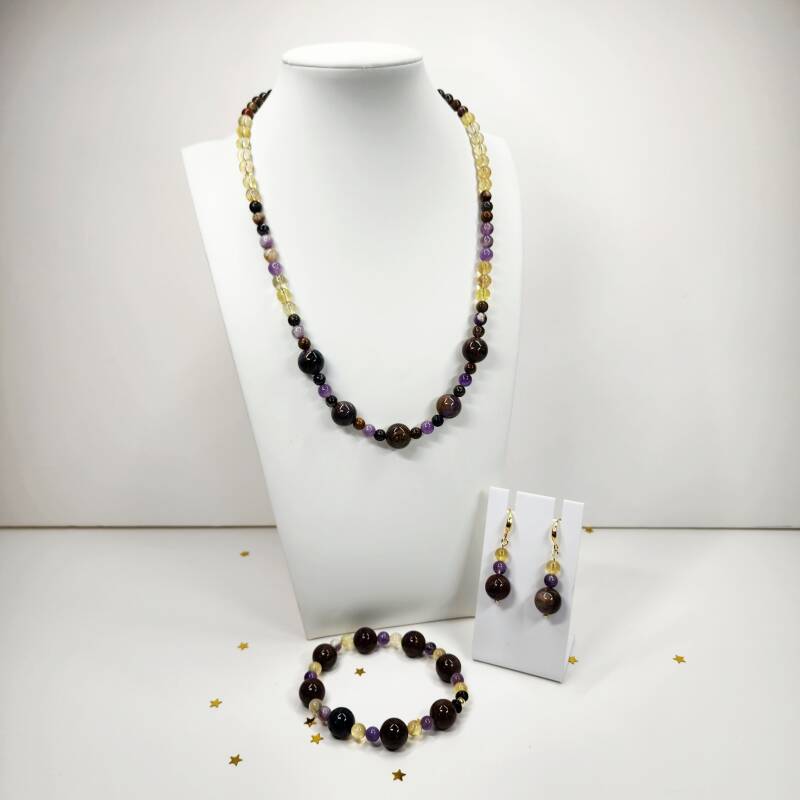 Pietersite, Flower Amethyst, and Fluorite Bracelet, 18K Gold filled