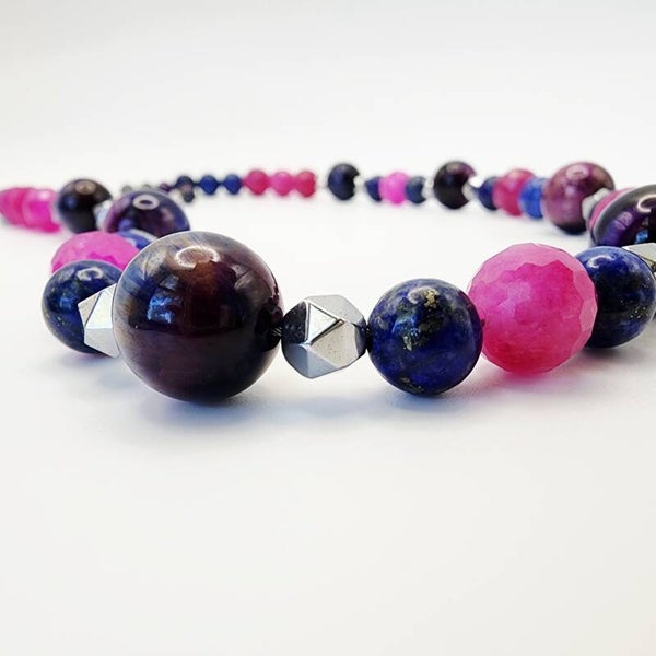 Galaxy Tiger Eye, Lapis & Tourmaline Jewelry Set with Necklace, Bracelet, and Earrings, Stainless Steel