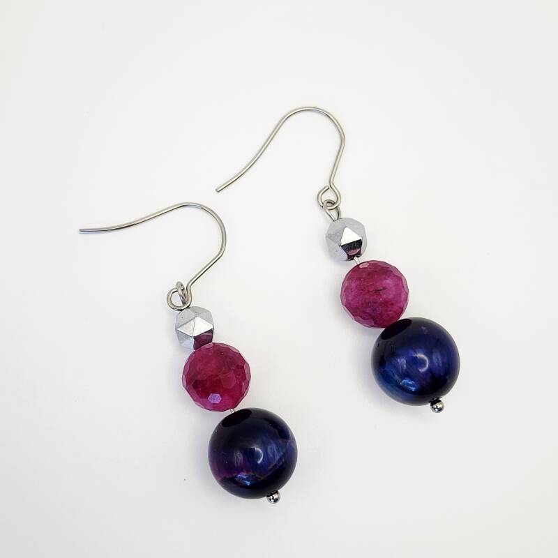 Galaxy Tiger's Eye, Tourmaline, & Hematite Pair of Dangle Earrings, Stainless Steel