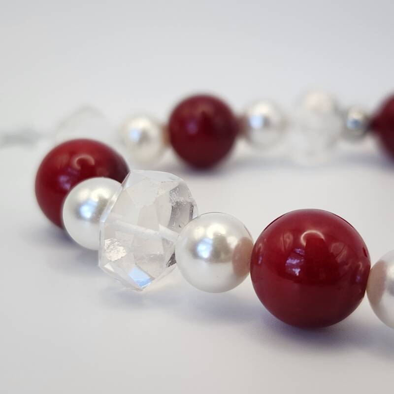 Red Jade, Crystal Quartz & Mother of Pearl Bracelet, Sterling Silver