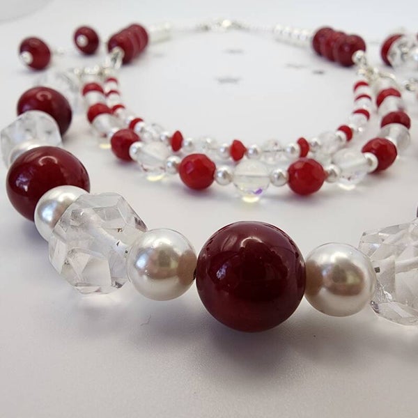 Red Jade, Bamboo Coral, Quartz, Mermaid Glass & Mother of Pearl Triple Strand Necklace Set with Sterling Silver