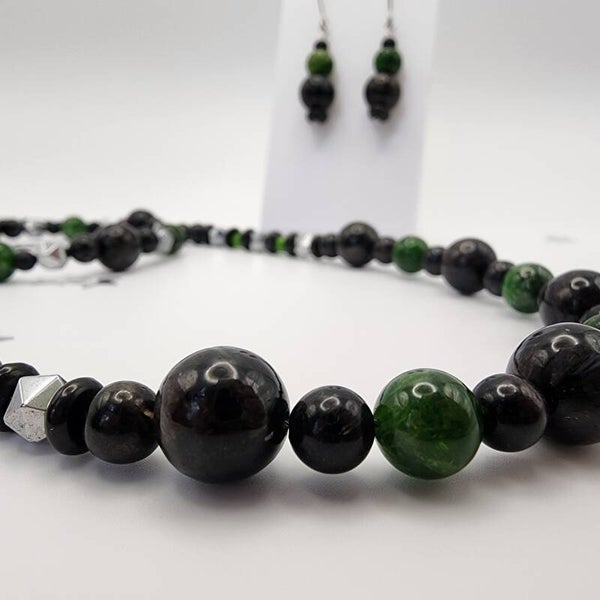 Chrome Diopside, Hypersthene, Matte Onyx & Shungite Necklace Set with Bracelet and Earrings