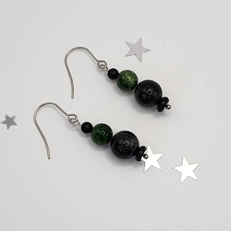 Chrome Diopside, Hypersthene, Matte Black Onyx, and Shungite Pair of Dangle Earrings, Stainless Steel