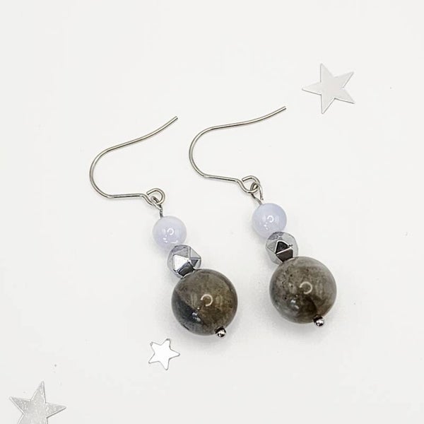 Labradorite, Chalcedony Blue Lace Agate, Hematite Pair of Dangle Earrings, Stainless Steel
