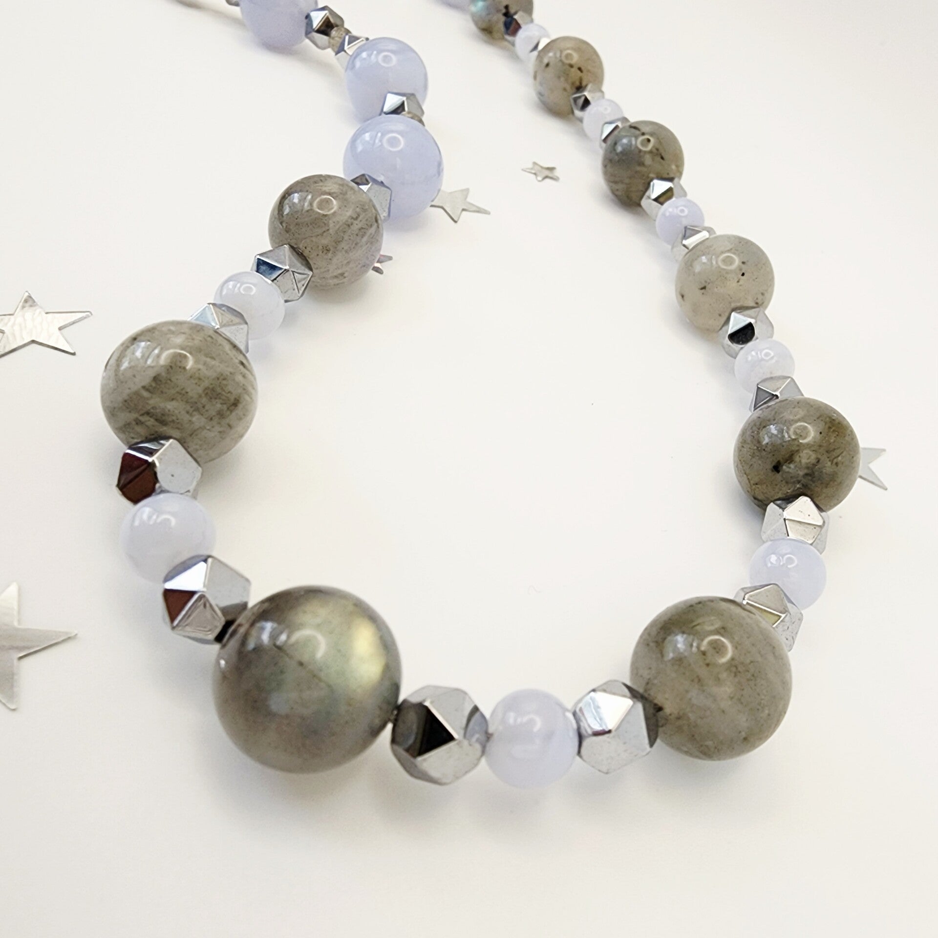 Labradorite, Chalcedony Blue Lace Agate, Hematite Necklace, Stainless Steel