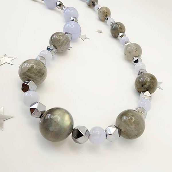 Labradorite, Chalcedony Blue Lace Agate, Hematite Necklace, Stainless Steel
