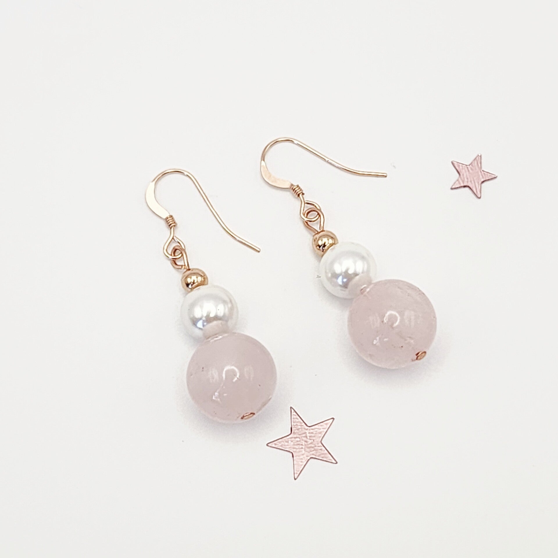 Rose Quartz, Mother of Pearl Pair of Dangle Earrings, 18k Rose Gold Filled