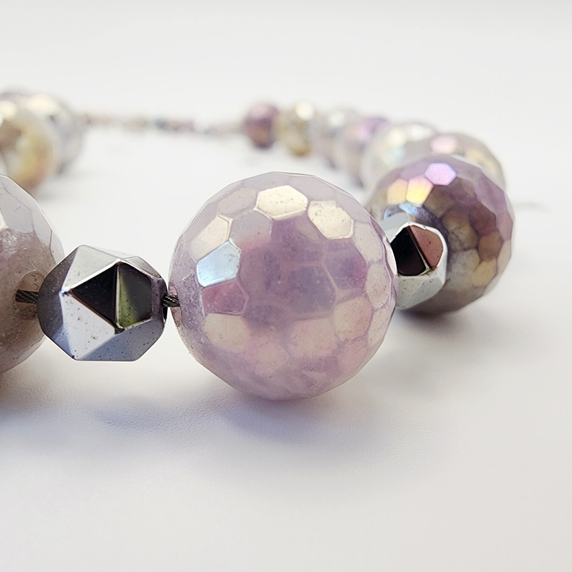 Purple Jade, Star-Cut Hematite Necklace, Stainless Steel