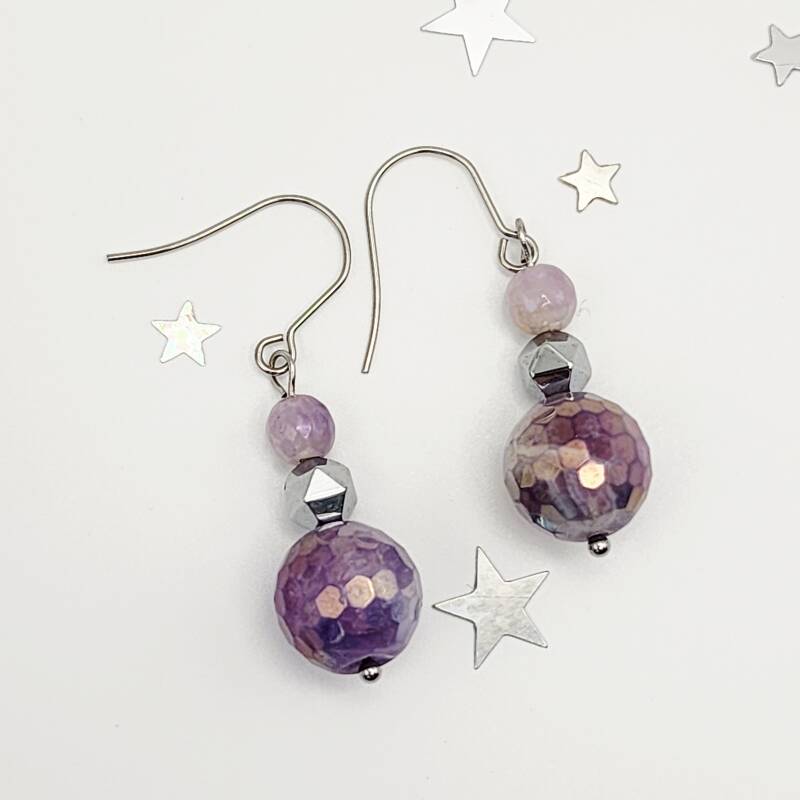 Purple Jade, Star-Cut Hematite Pair of Dangle Earrings, Stainless Steel