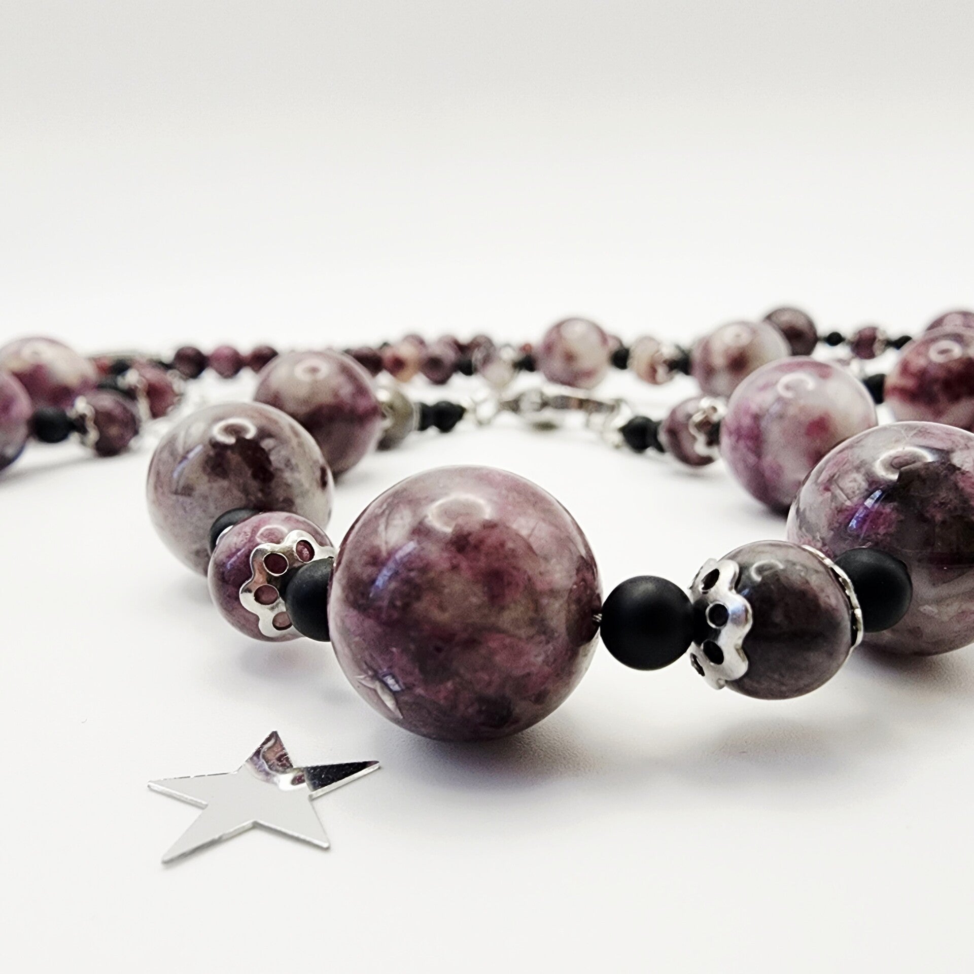 Plum Tourmaline, Black Onyx Necklace, Hypoallergenic Stainless Steel