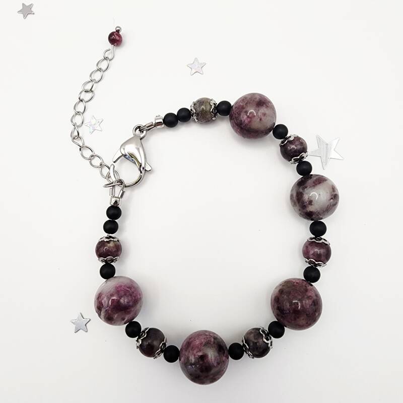 Plum Tourmaline, Black Onyx Bracelet, Hypoallergenic Stainless Steel