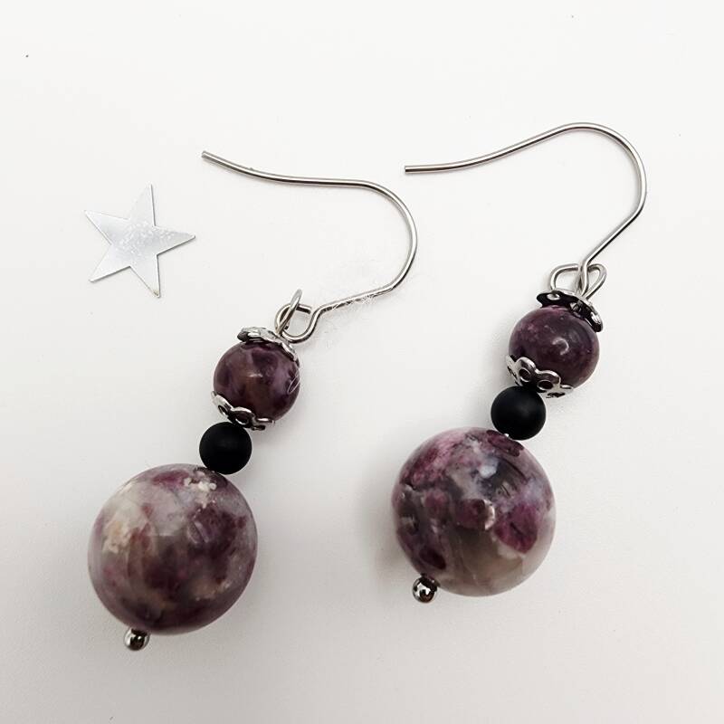 Plum Tourmaline, Black Onyx Pair of Drop Earrings, Stainless Steel