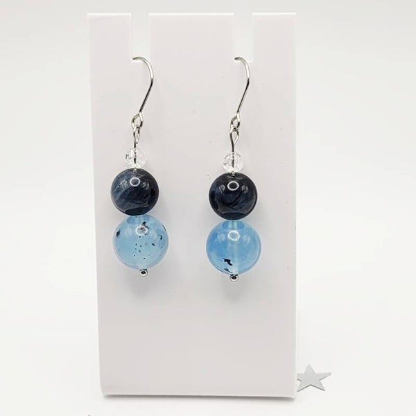 Aquamarine, Blue Tiger's Eye, Crystal Quartz Pair of Dangle Earrings, Stainless Steel