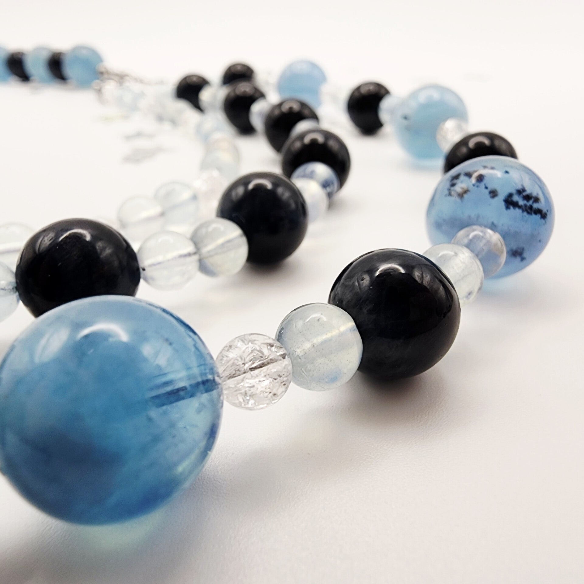 Aquamarine, Blue Tiger's Eye, Crystal Quartz Necklace, Stainless Steel