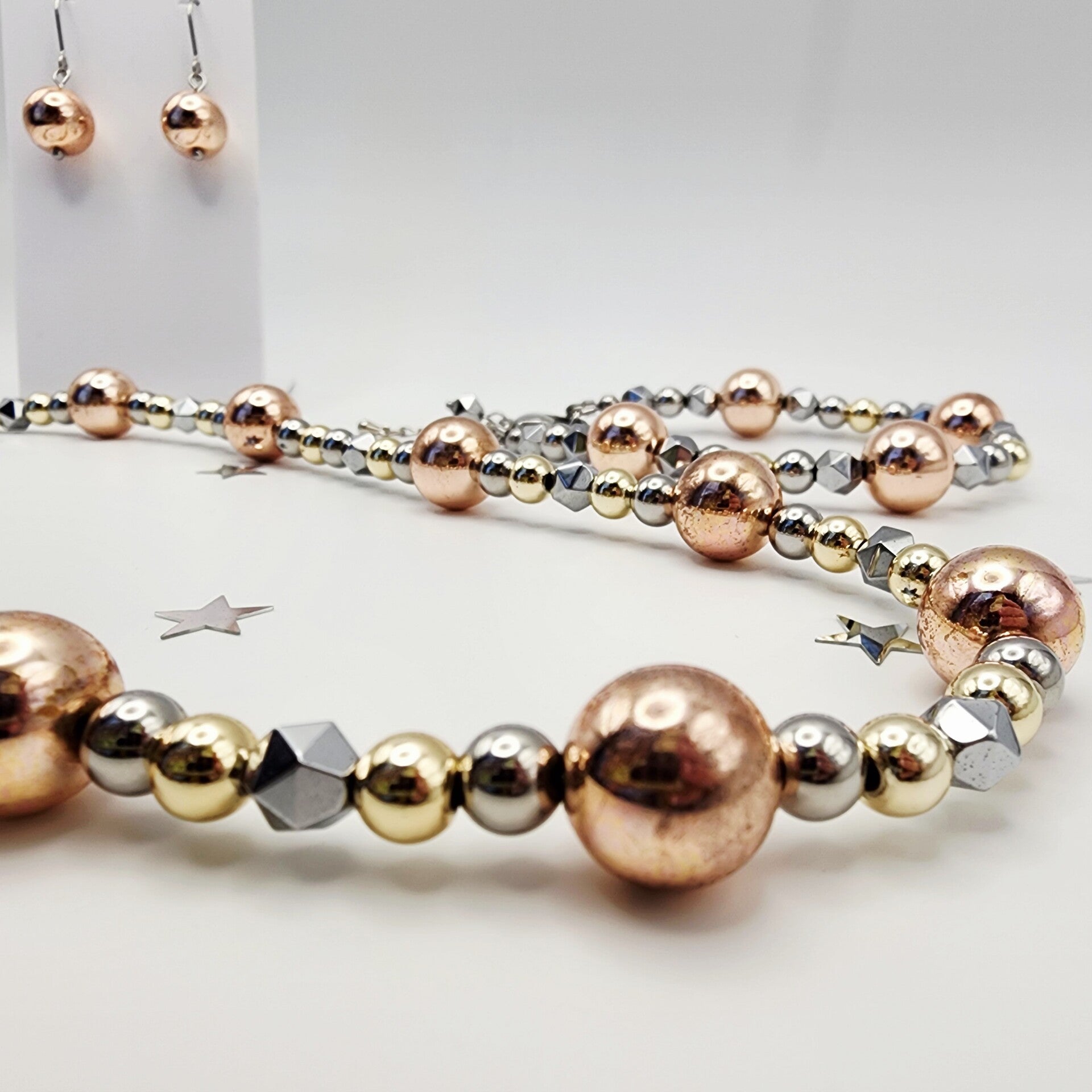 Rose Gold and Silver Star-cut Hematite, 14k Gold Filled Necklace, Stainless Steel