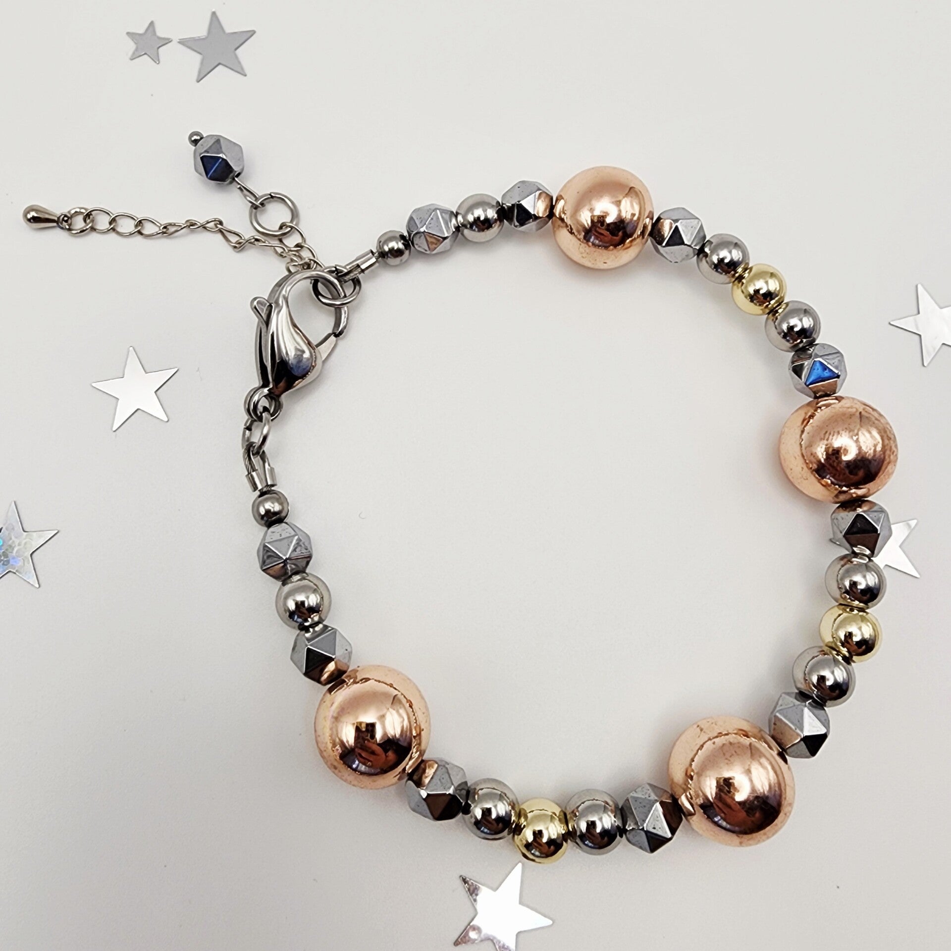 Rose Gold and Silver Star-cut Hematite, 14k Gold Filled Bracelet, Stainless Steel