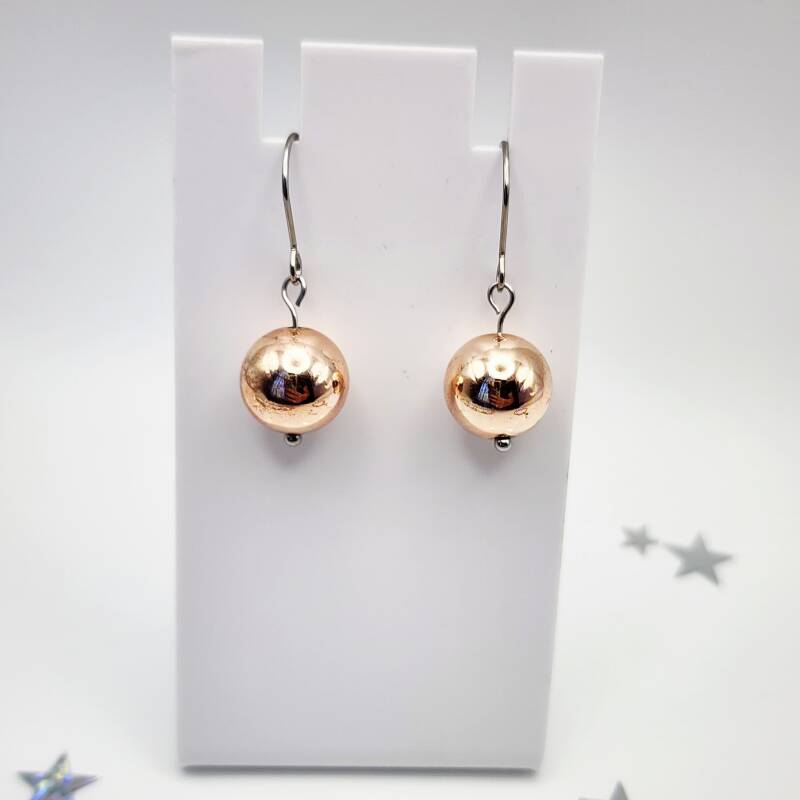 Rose Gold Hematite Pair of Dangle Earrings, Stainless Steel
